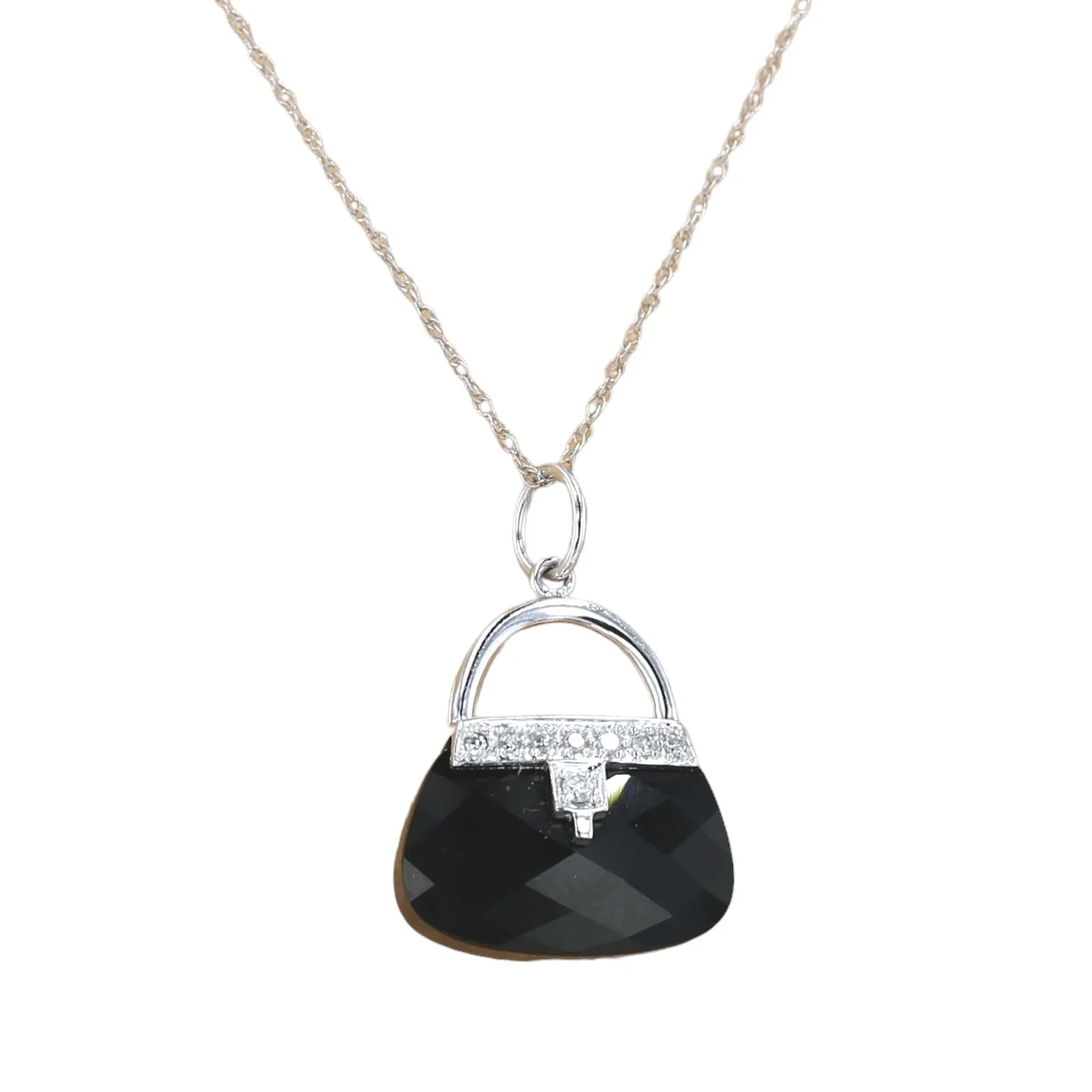 14K White gold facet Onyx diamonds accents handbag Necklace-10100