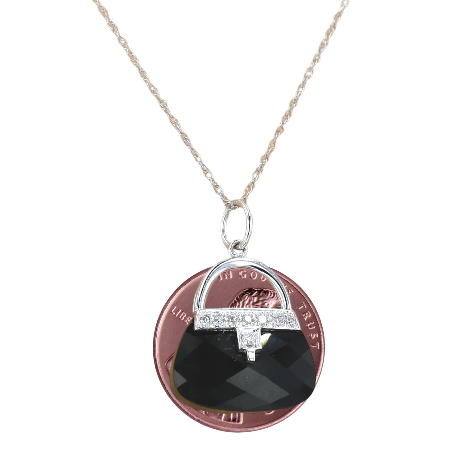 14K White gold facet Onyx diamonds accents handbag Necklace-10100