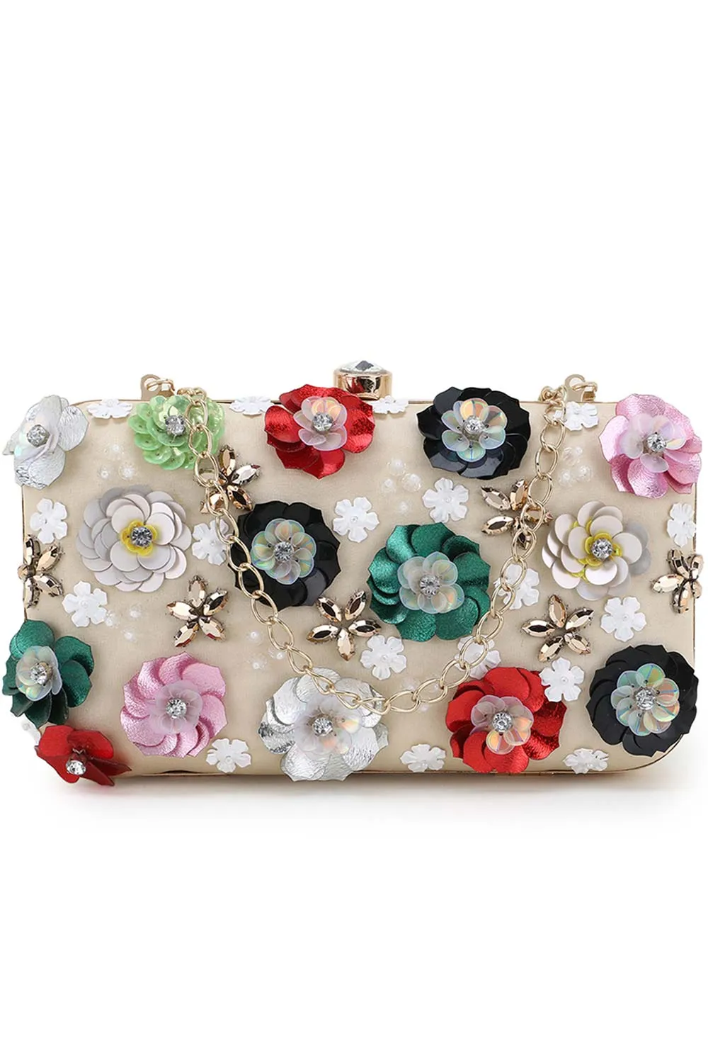 Adorn Cream & Multi Faux Silk Floral Embellished Clutch