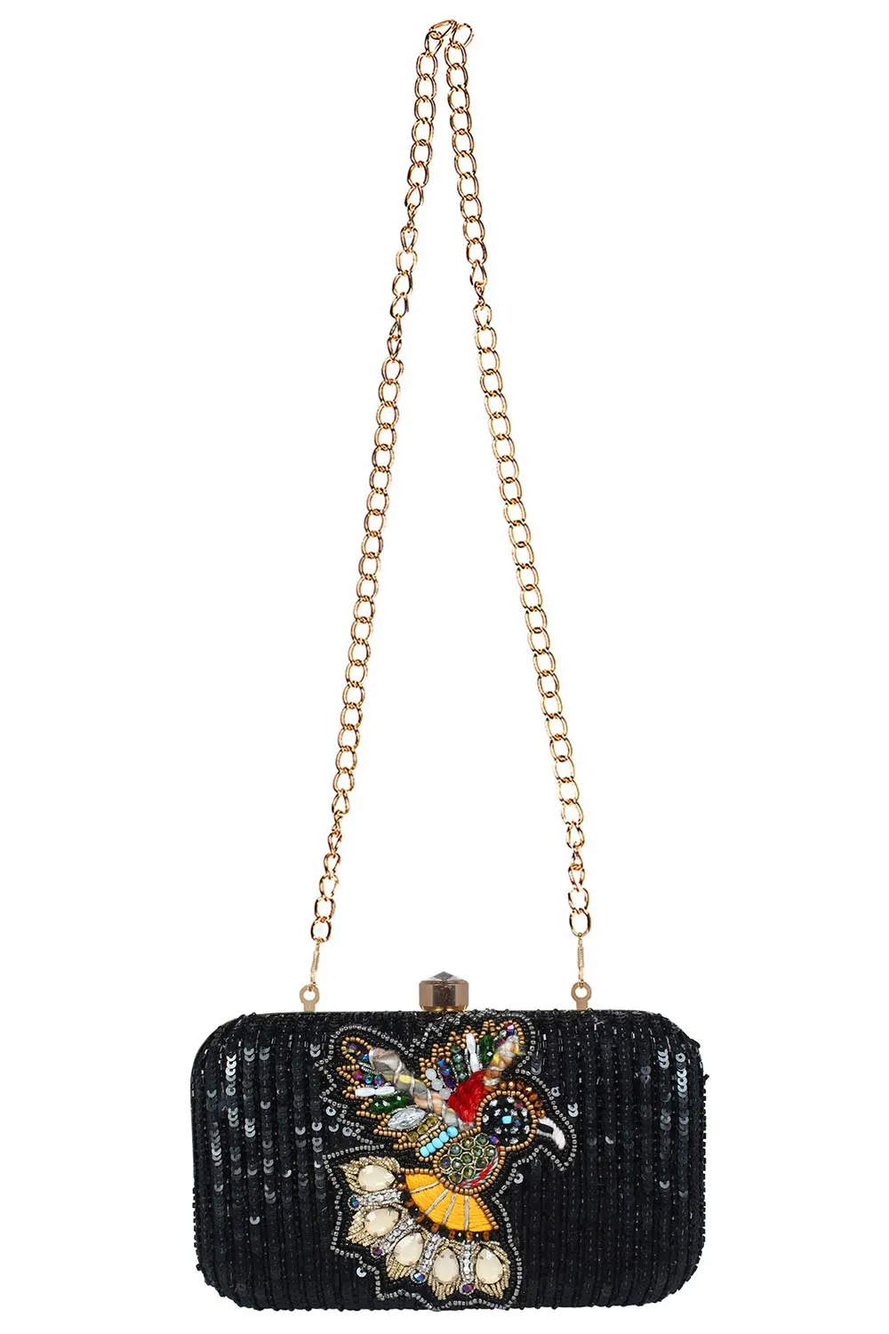 Adorn Embellished Faux Silk Clutch Black & Multi