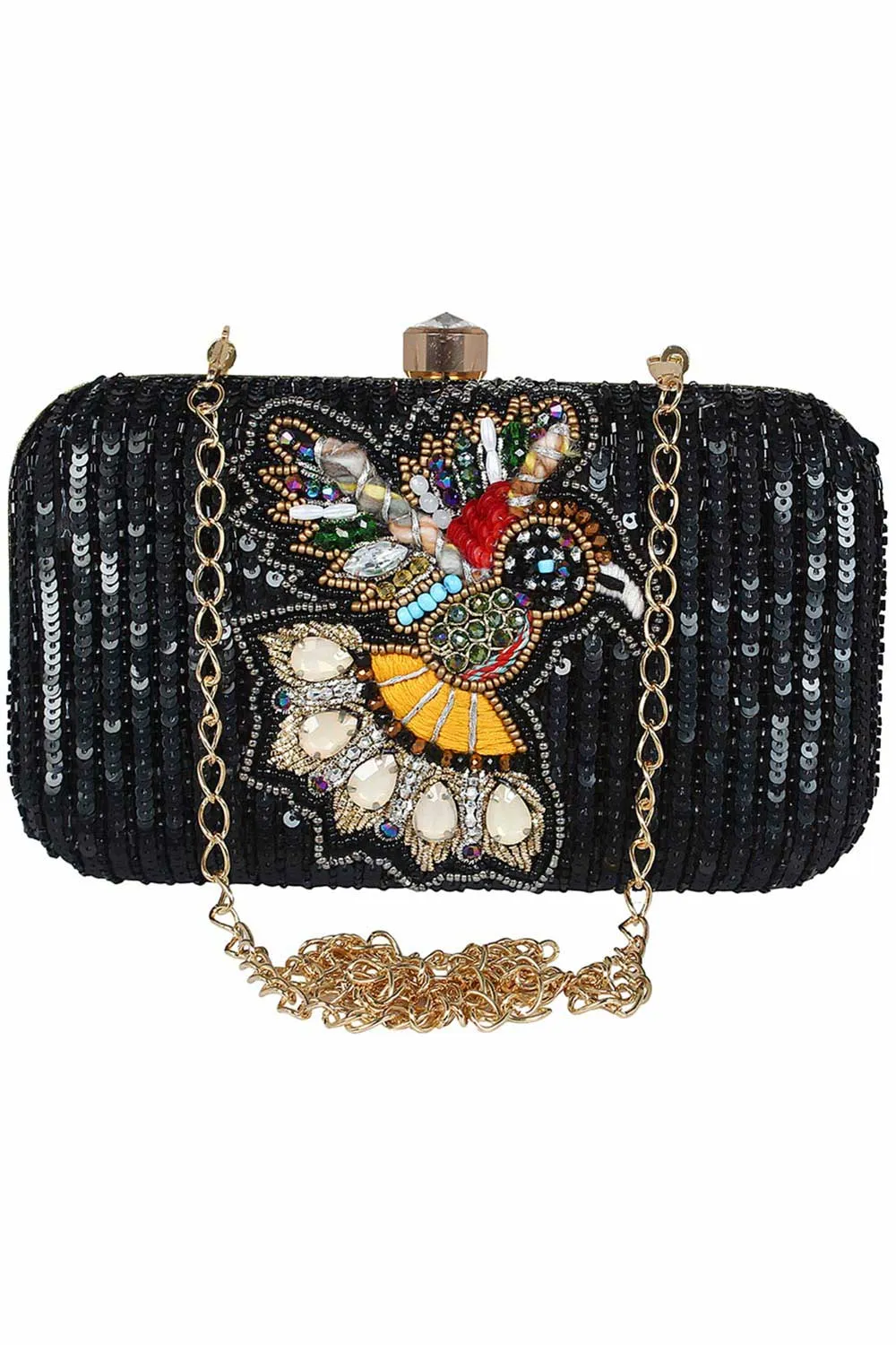 Adorn Embellished Faux Silk Clutch Black & Multi