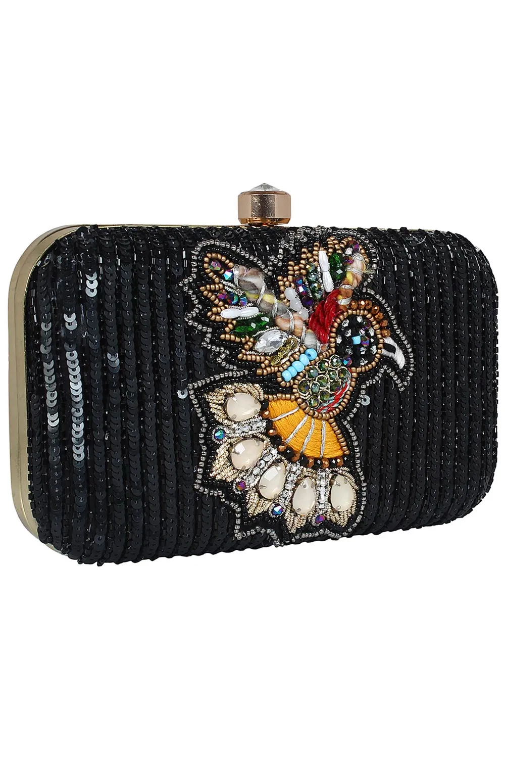 Adorn Embellished Faux Silk Clutch Black & Multi