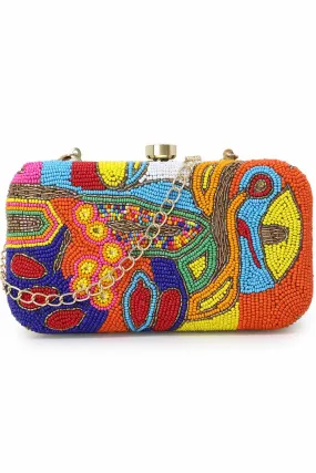 Adorn Gold & Multi Faux Silk Embellished & Embroidered Box Clutch