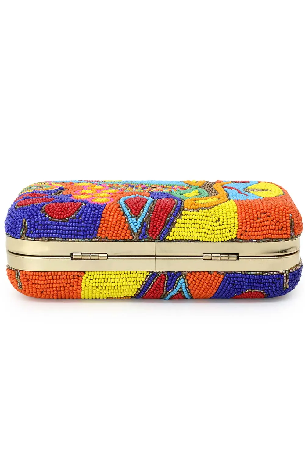 Adorn Gold & Multi Faux Silk Embellished & Embroidered Box Clutch