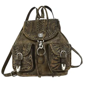 American West Retro Romance Distressed Charcoal Leather Drawstring Backpack