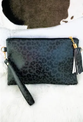 Black Leopard Tassel Wristlet