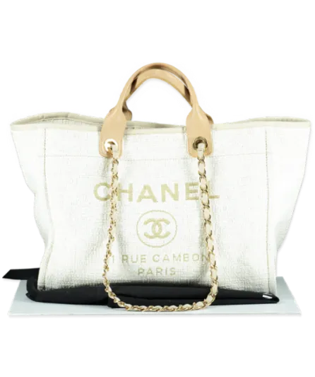 Chanel Cream Ivory Large Tweed Deauville Tote Bag