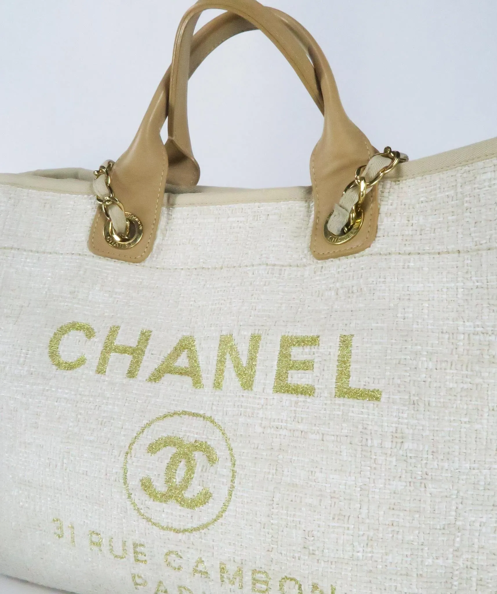 Chanel Cream Ivory Large Tweed Deauville Tote Bag