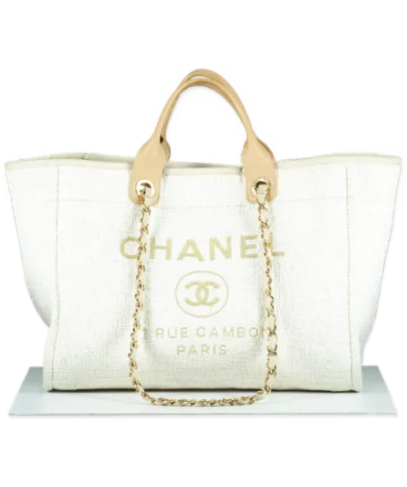 Chanel Cream Ivory Large Tweed Deauville Tote Bag