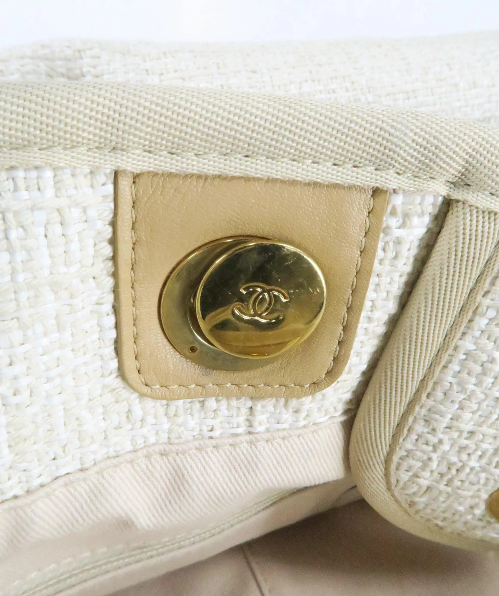 Chanel Cream Ivory Large Tweed Deauville Tote Bag