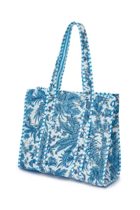 Cotton Tote Bag In White & Sky Blue