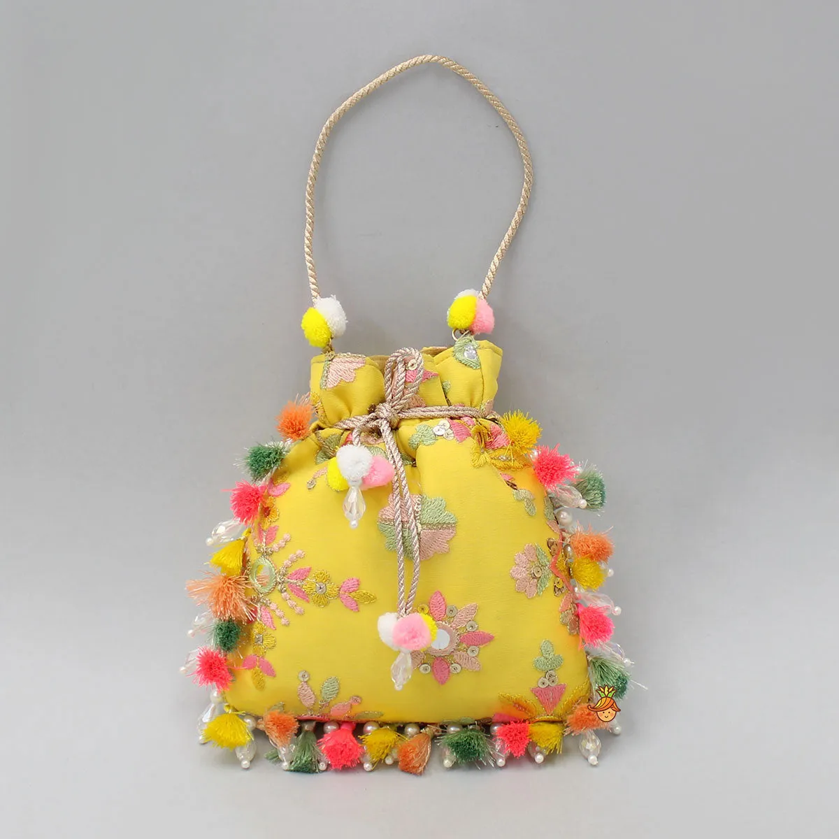 Elegant Embroidered Fringed Yellow Potli Bag