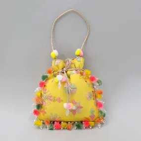 Elegant Embroidered Fringed Yellow Potli Bag