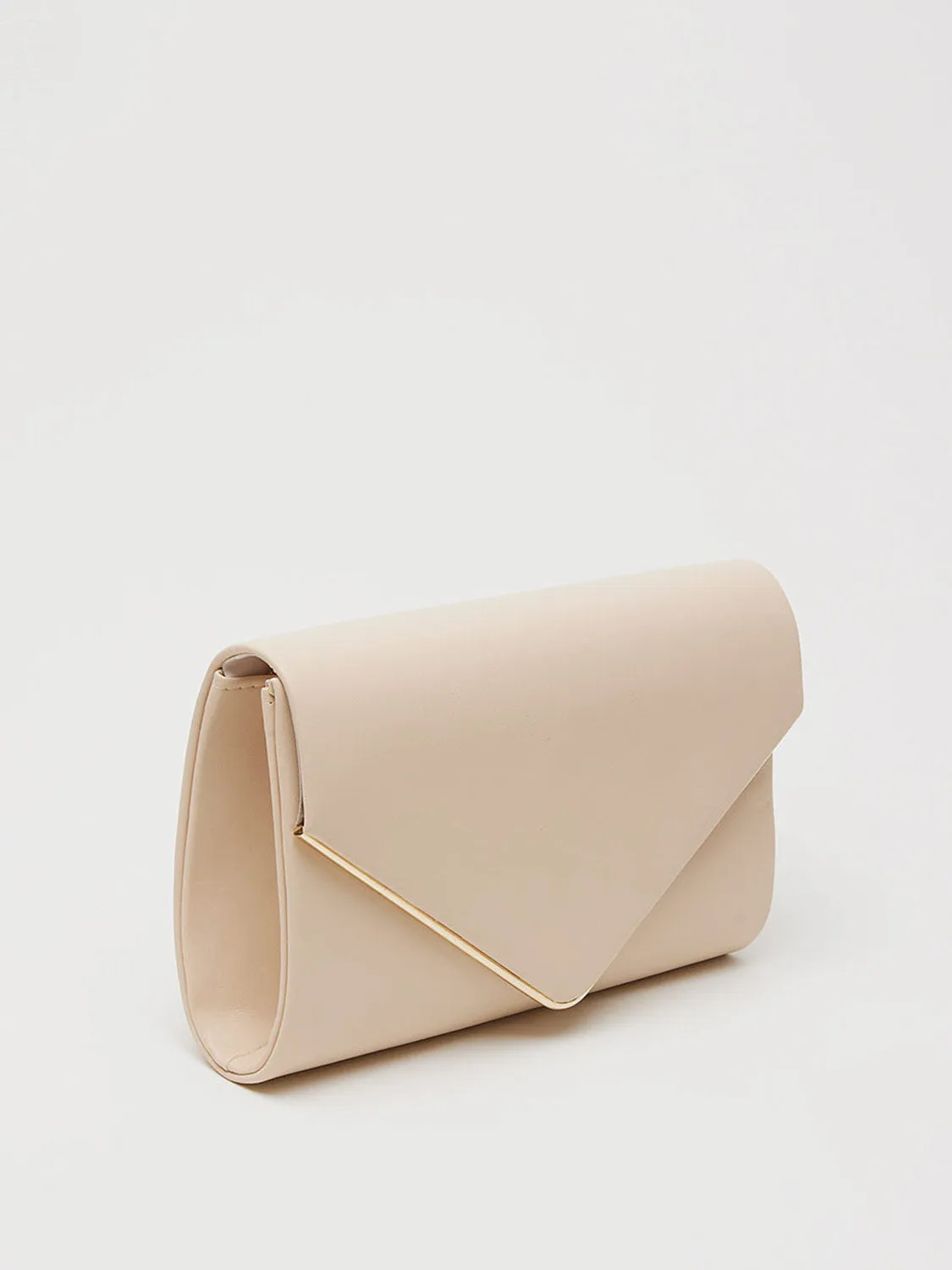 Faux Leather Flapover Clutch With Metal Trim