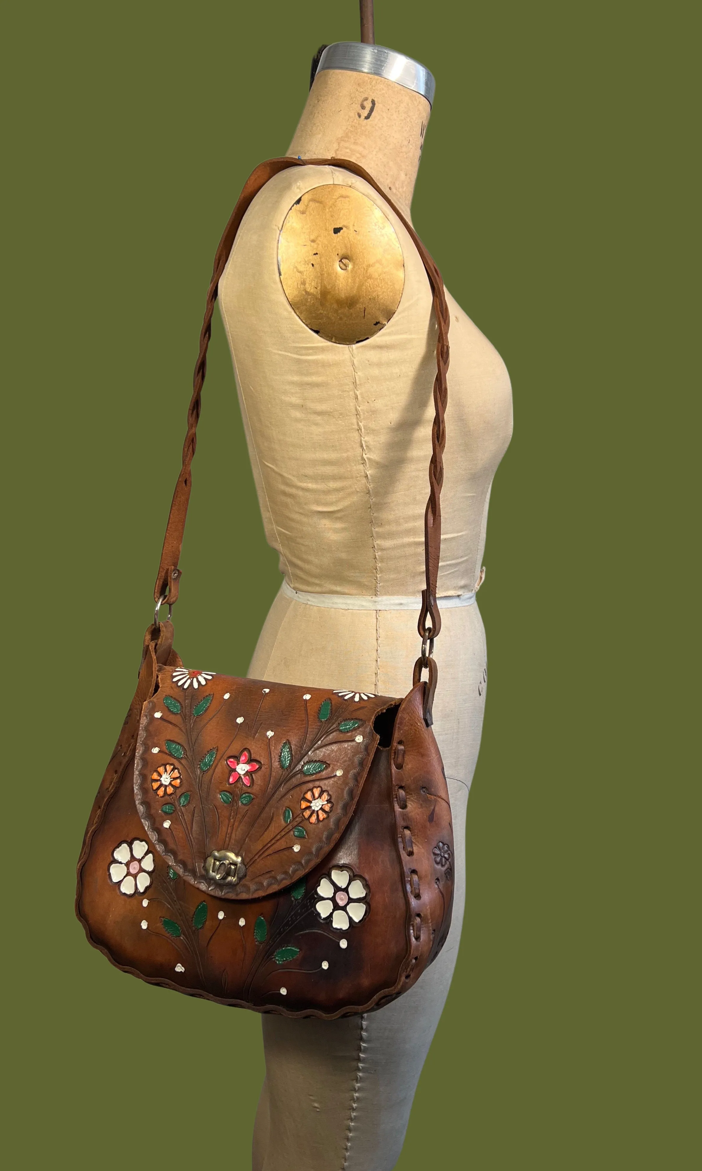 FLORAL MAGIC 1970s Floral Leather Mexican Shoulder Bag