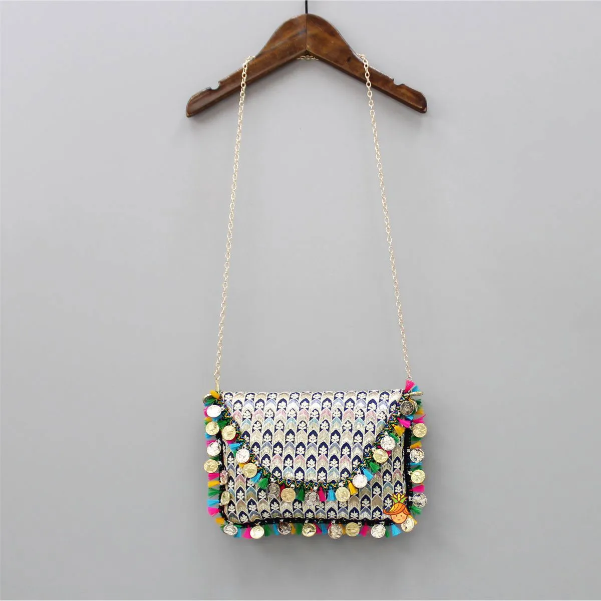 Fringes And Coin Tassels Enhanced Sling Bag