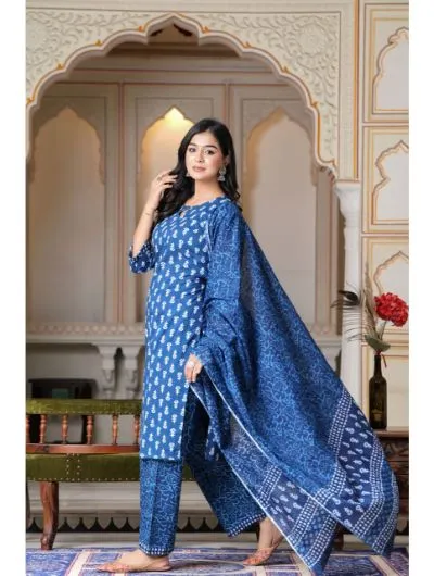 Indigo Hand printed Kurti Pant Dupatta Set of 3