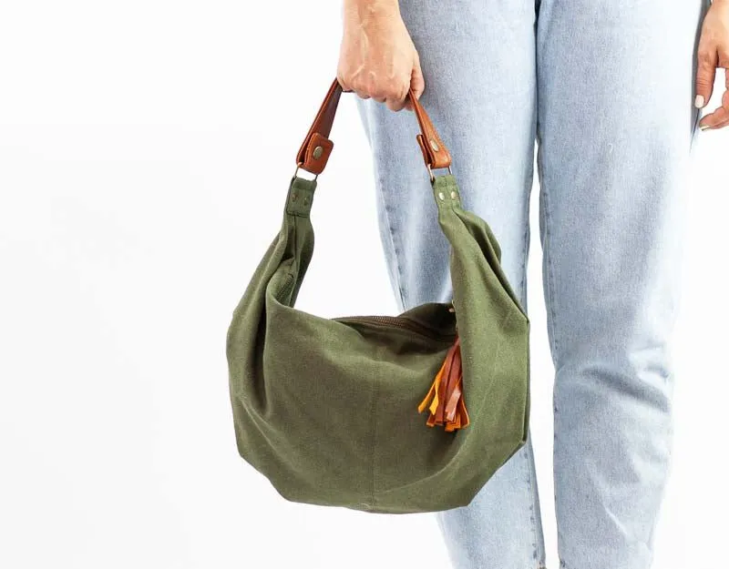 Kallia mini bag - Green canvas and brown leather