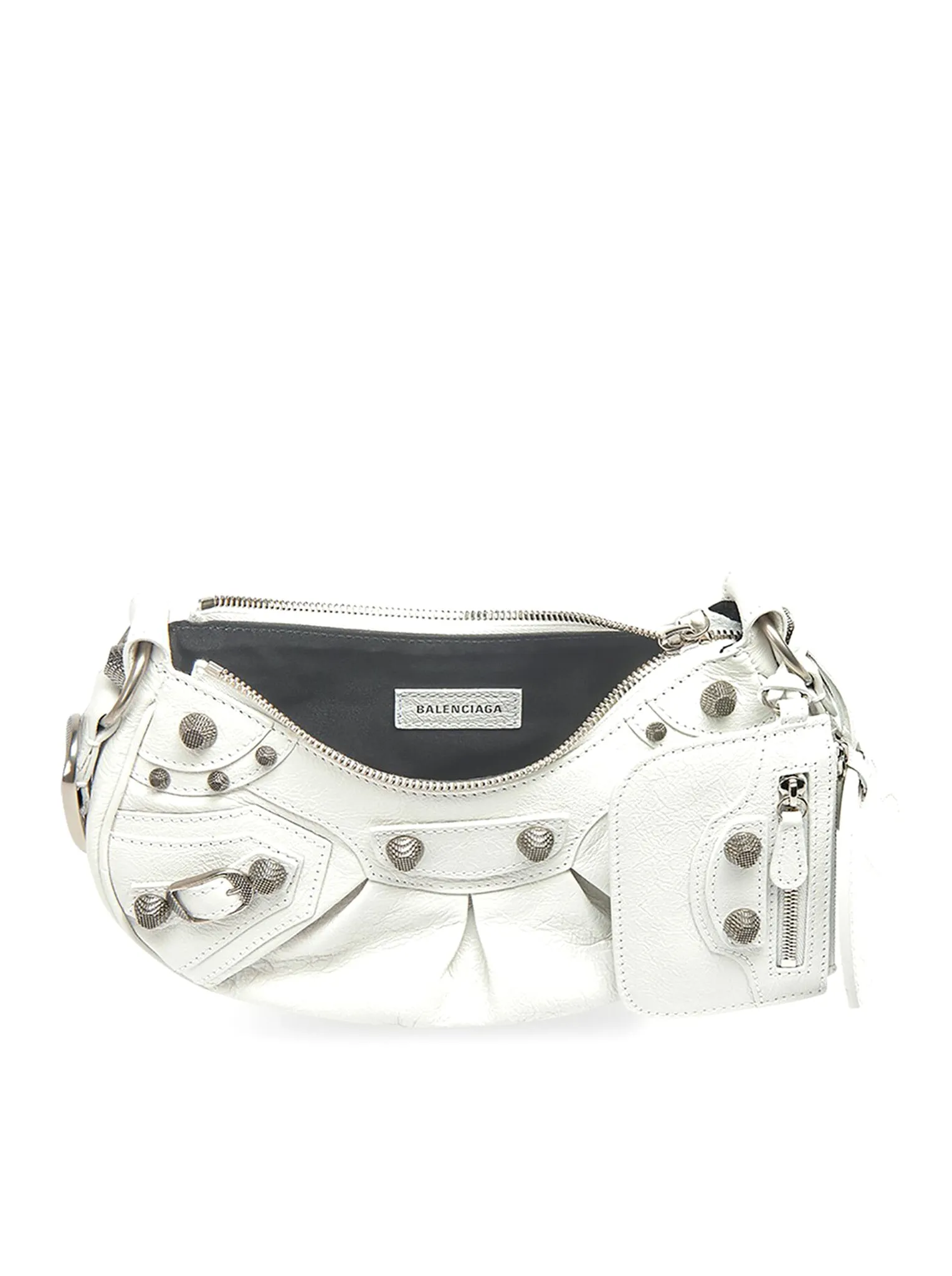 Le Cagole XS Shoulder Bag in white Arena lambskin, aged silver hardware