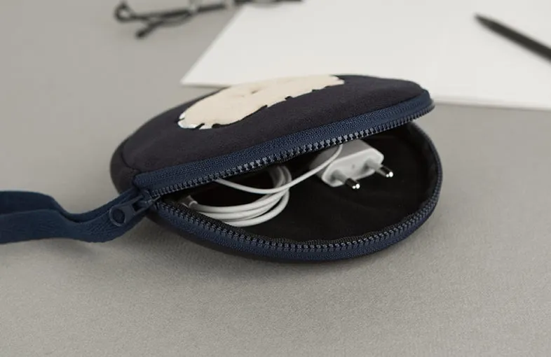 Navy Characters Circle Pouches Cute Purses Handbags Card Cosmetics Coin Wallets Key Airpods Cases Embroidery Rounded Wrist Strap Inner Pocket