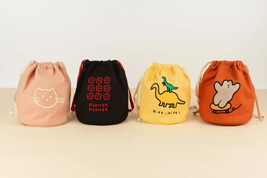 Pink Black Orange Yellow Drawstring Mini Totes Handbags Shoulder Purses Cute Girls Artists Design Female Casual Light Gifts Embroidery Cotton Daily Picnic Fashion Pouches Lunch Bags