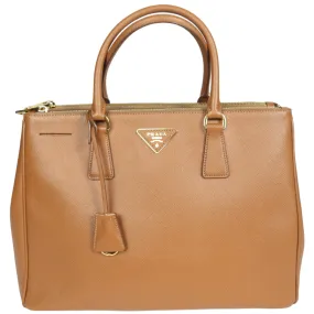 Prada Galleria Double Zip Tote Bag in Caramel Brown Saffiano Leather