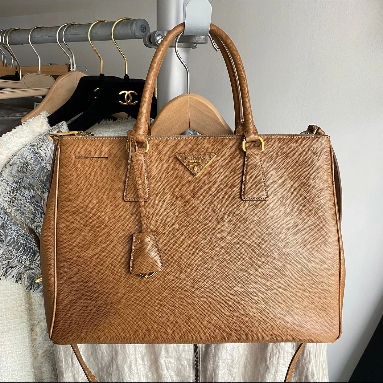 Prada Galleria Double Zip Tote Bag in Caramel Brown Saffiano Leather