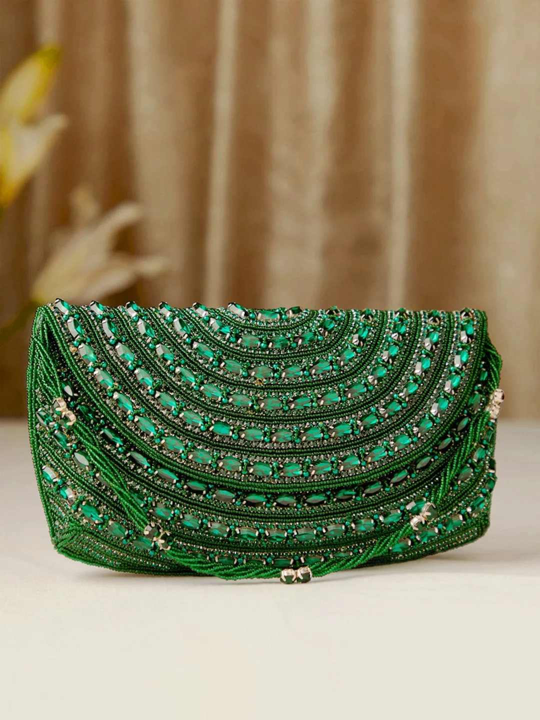 Rubans Green Colour Handbag With Embroided Green Stone Design.