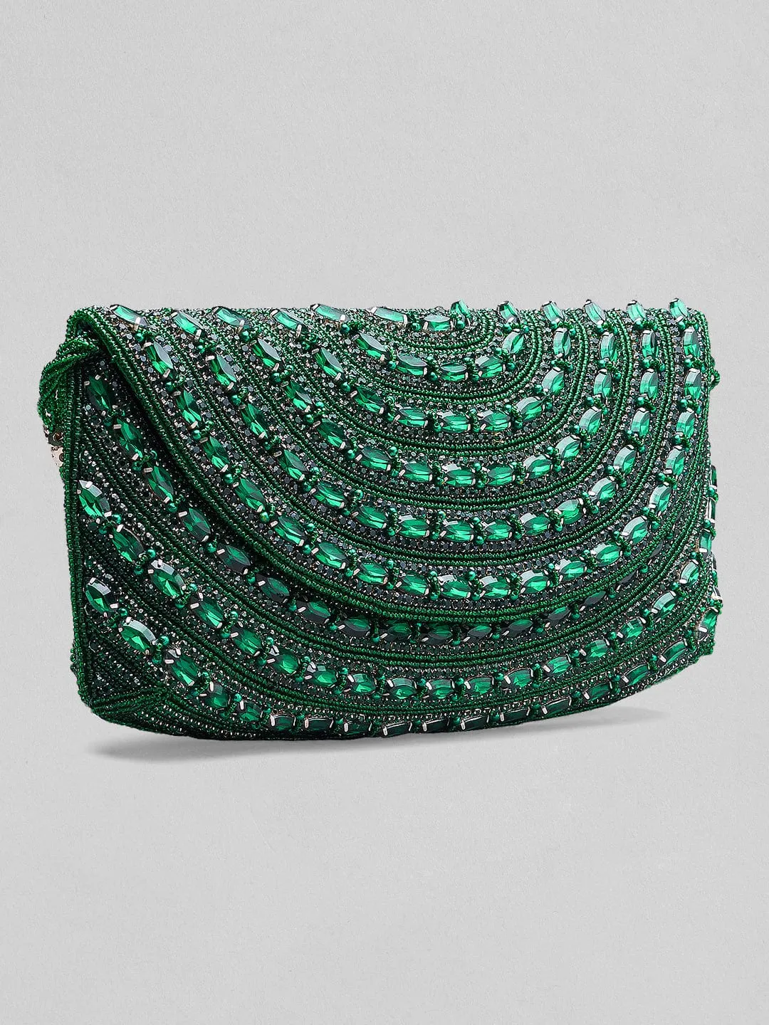 Rubans Green Colour Handbag With Embroided Green Stone Design.