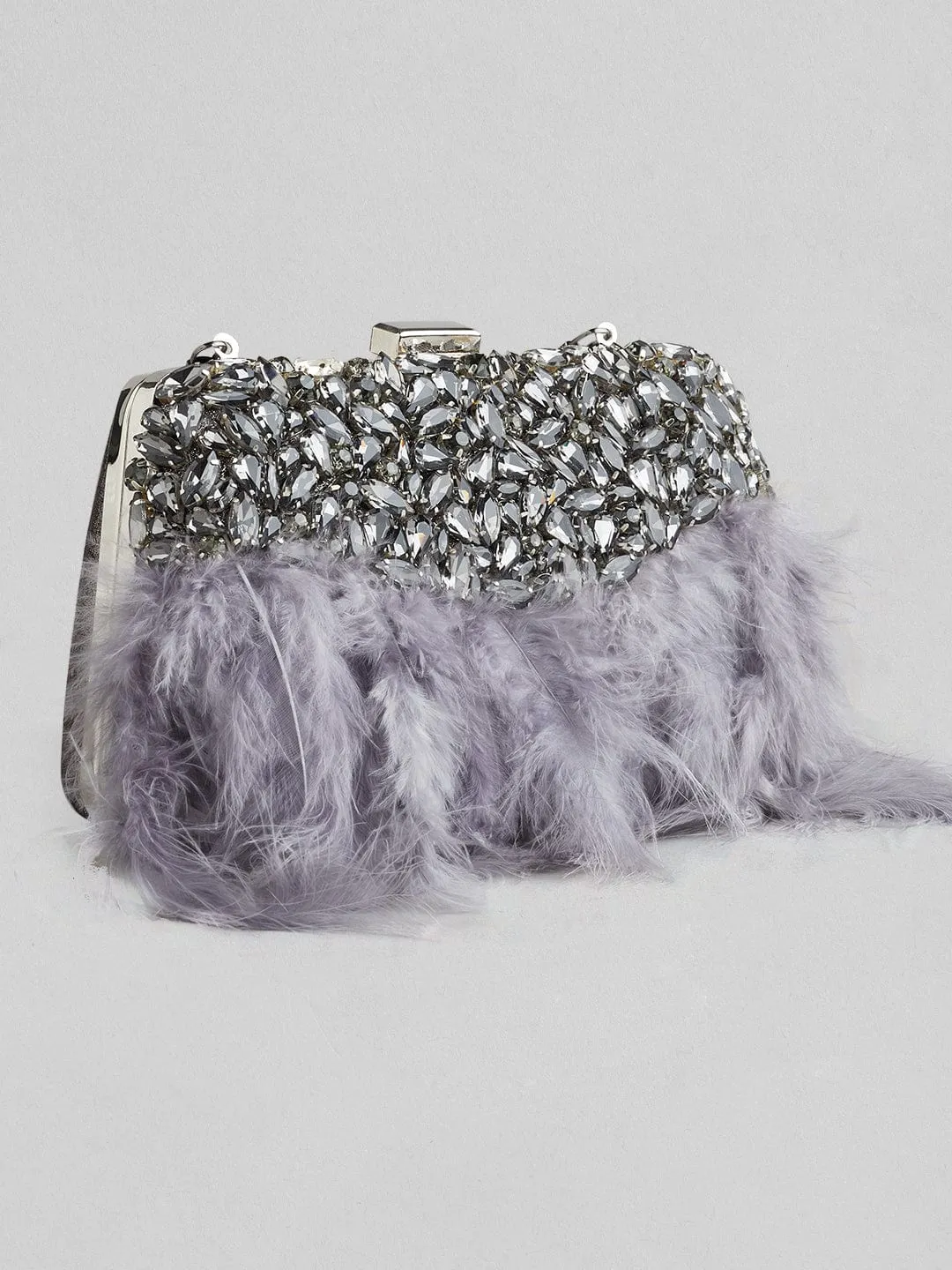 Rubans Grey Colour Clutch Bag With Studded Stone And Grey Fur.