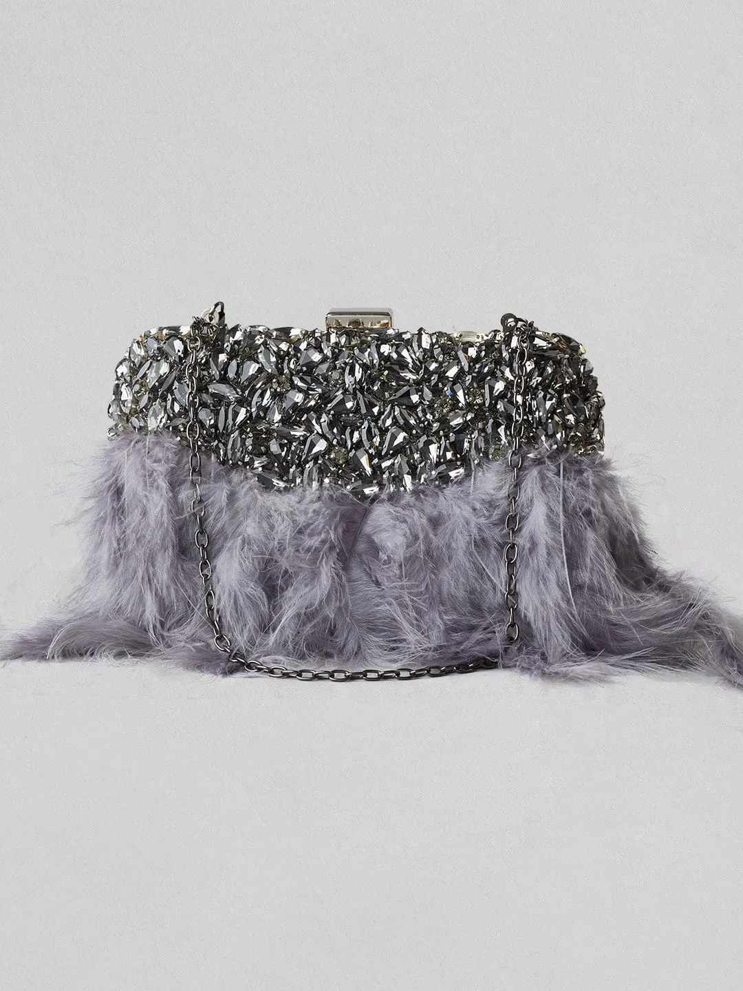 Rubans Grey Colour Clutch Bag With Studded Stone And Grey Fur.