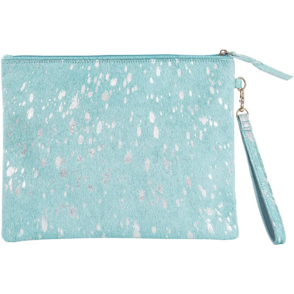 Turquoise Silver Metallic Hair on Leather Clutch